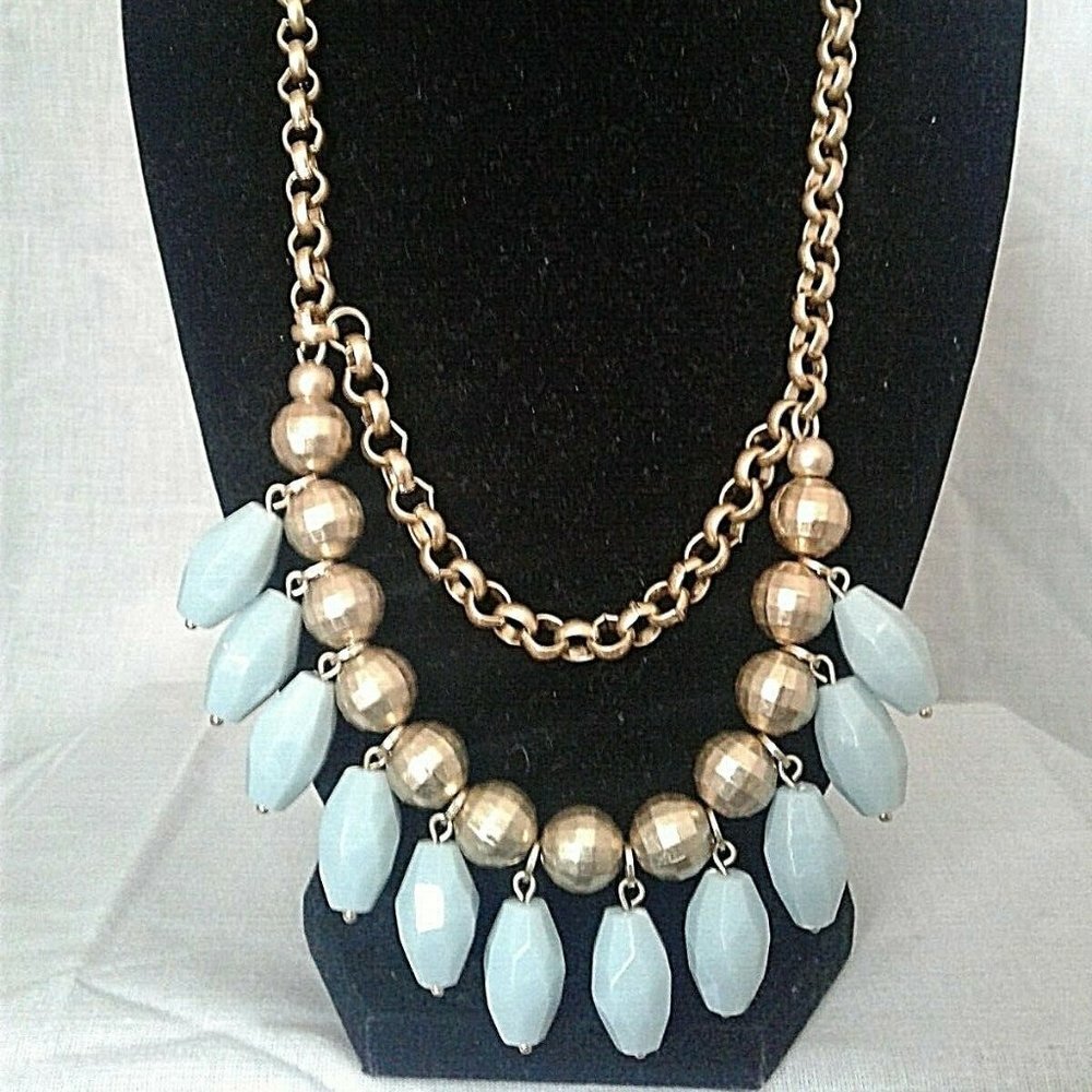 Lia Sophia Bib Necklace Light Blue & Matte Gold Tones Layered NWT Perfect M356
